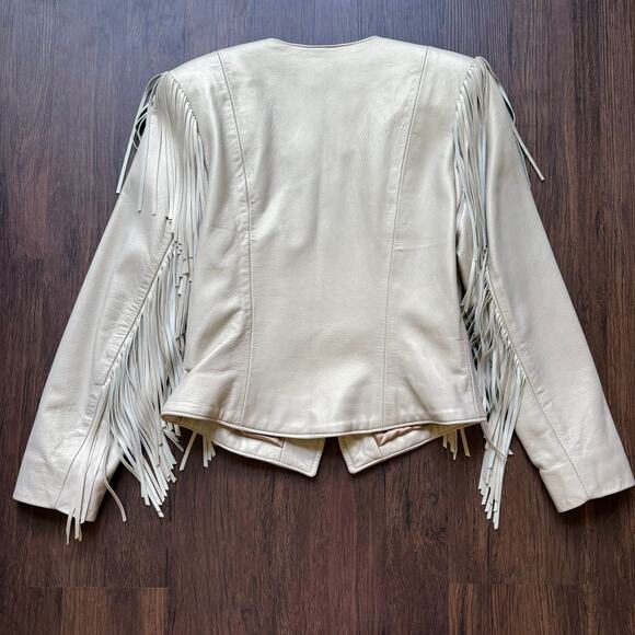 Patricia Wolf Pearlized Leather Fringe Jacket Beige Women’s 10 Made in Texas - Picture 3 of 13